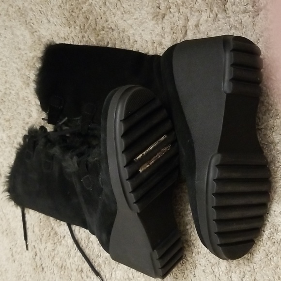 Black suede lined,lace up wedge boots - Picture 6 of 7